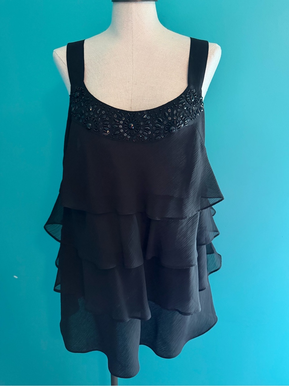Lane Bryant Black Chiffon Tiered Beaded Tank
